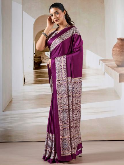 SAREE MALL Women's Satin Purple Printed Designer Saree With Blouse Piece