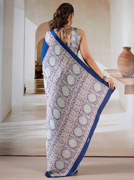 SAREE MALL Women's Satin Navy Blue Printed Designer Saree With Blouse Piece