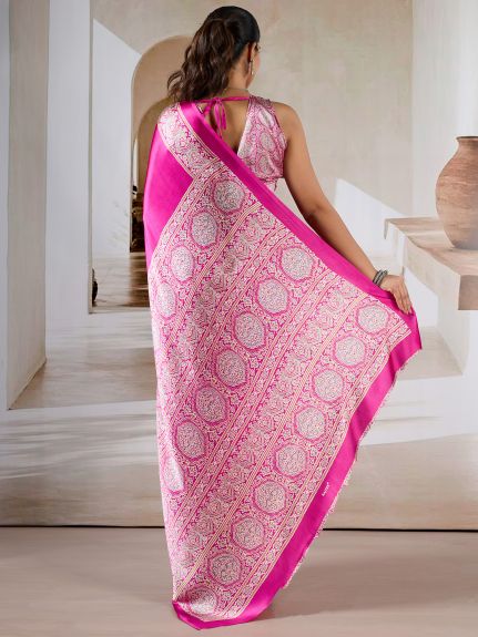 SAREE MALL Women's Satin Magenta Printed Designer Saree With Blouse Piece
