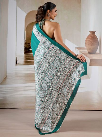 SAREE MALL Women's Satin Teal green Printed Designer Saree With Blouse Piece