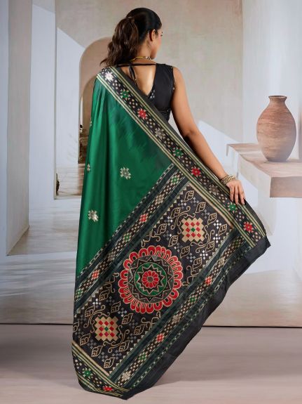 SAREE MALL Women's Silk Blend Dark Green Printed Designer Saree With Blouse Piece