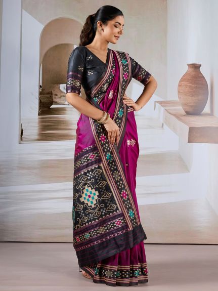 SAREE MALL Women's Silk Blend Magenta Printed Designer Saree With Blouse Piece