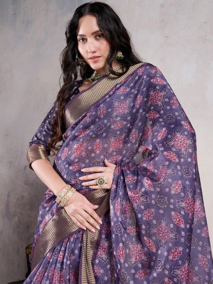 SAREE MALL Women's Organza Purple Woven Design Designer Saree With Blouse Piece