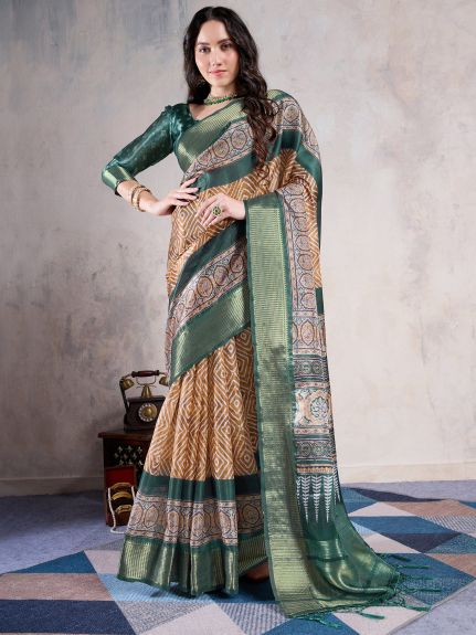 SAREE MALL Women's Organza Beige Woven Design Designer Saree With Blouse Piece