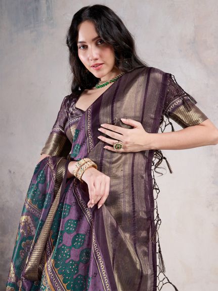 SAREE MALL Women's Organza Teal green Woven Design Designer Saree With Blouse Piece