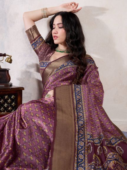 SAREE MALL Women's Organza Mauve Woven Design Designer Saree With Blouse Piece