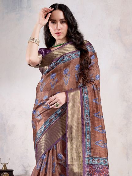 SAREE MALL Women's Organza Brown Woven Design Designer Saree With Blouse Piece