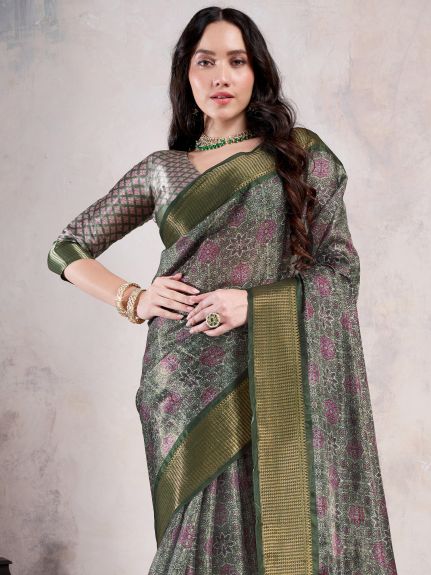 SAREE MALL Women's Organza Green Woven Design Designer Saree With Blouse Piece