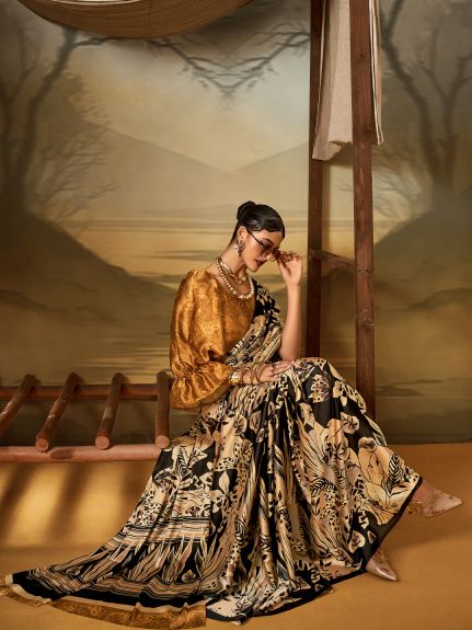 SAREE MALL Women's Crepe Beige Printed Designer Saree With Blouse Piece