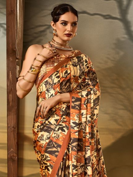 SAREE MALL Women's Crepe Beige Printed Designer Saree With Blouse Piece