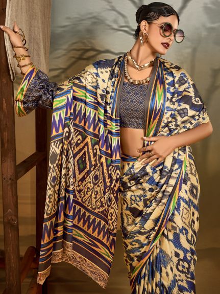 SAREE MALL Women's Crepe Beige Printed Designer Saree With Blouse Piece