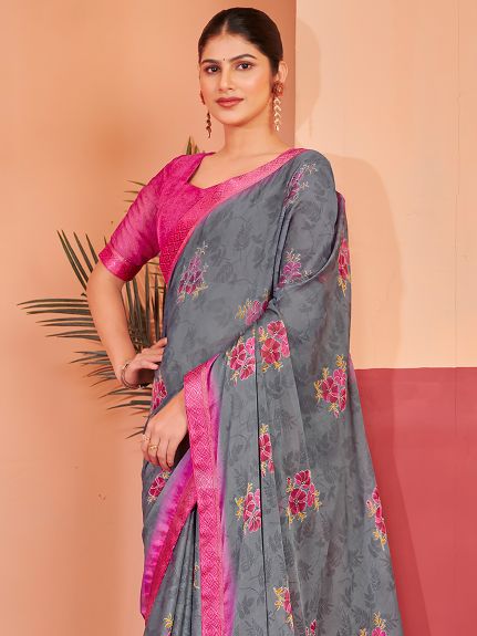 SAREE MALL Women's Chiffon Grey Printed Designer Saree With Blouse Piece