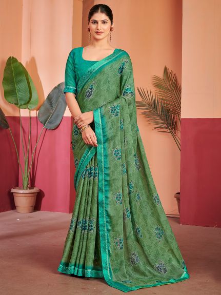 SAREE MALL Women's Chiffon Sea Green Printed Designer Saree With Blouse Piece