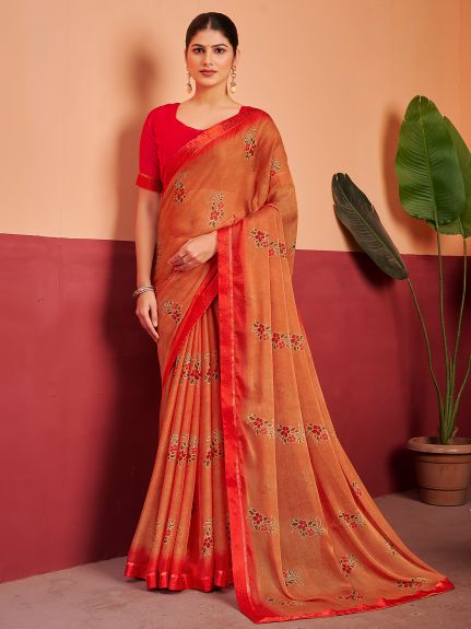 SAREE MALL Women's Chiffon Orange Printed Designer Saree With Blouse Piece