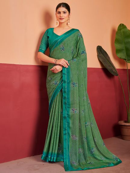 SAREE MALL Women's Chiffon Sea Green Printed Designer Saree With Blouse Piece