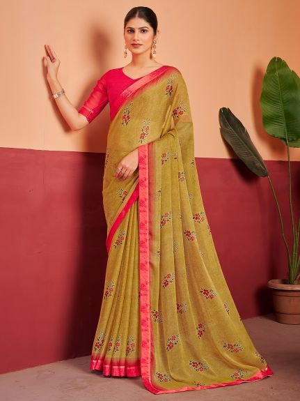SAREE MALL Women's Chiffon Olive Printed Designer Saree With Blouse Piece