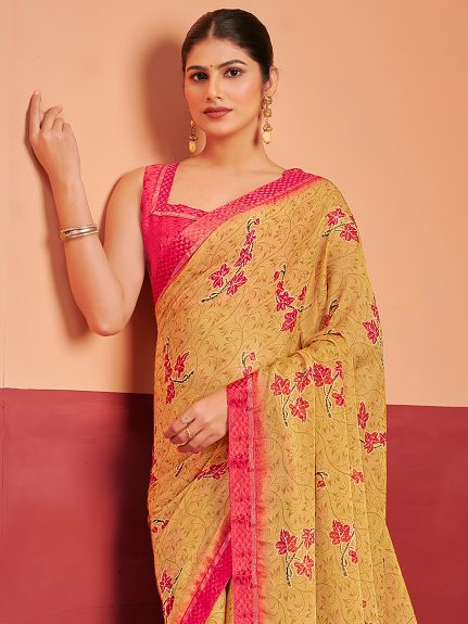 SAREE MALL Women's Chiffon Mustard Printed Designer Saree With Blouse Piece