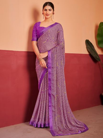 SAREE MALL Women's Chiffon Purple Printed Designer Saree With Blouse Piece