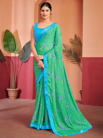 SAREE MALL Women's Chiffon Light Green Printed Designer Saree With Blouse Piece