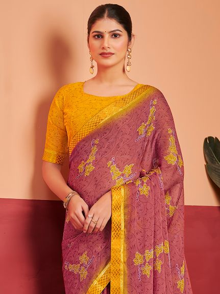 SAREE MALL Women's Chiffon Mauve Printed Designer Saree With Blouse Piece