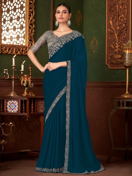 SAREE MALL Women's Chiffon Teal blue Embellished Designer Saree With Blouse Piece