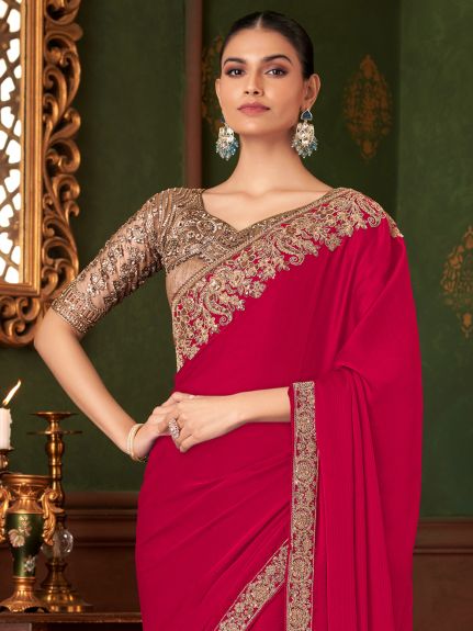 SAREE MALL Women's Chiffon Pink Embellished Designer Saree With Blouse Piece