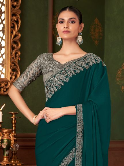 SAREE MALL Women's Chiffon Teal green Embellished Designer Saree With Blouse Piece