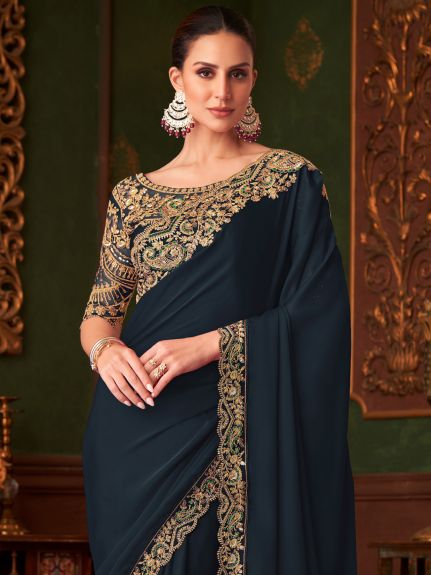 SAREE MALL Women's Satin Silk Navy Blue Embellished Designer Saree With Blouse Piece