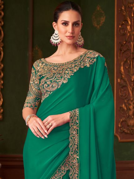 SAREE MALL Women's Satin Silk Sea Green Embellished Designer Saree With Blouse Piece