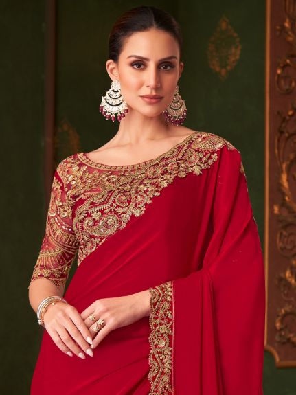 SAREE MALL Women's Satin Silk Red Embellished Designer Saree With Blouse Piece