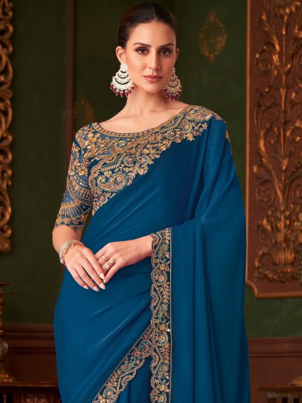 SAREE MALL Women's Satin Silk Blue Embellished Designer Saree With Blouse Piece