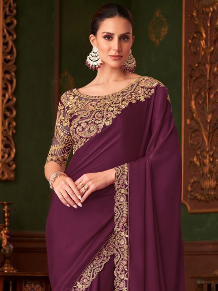 SAREE MALL Women's Satin Silk Burgundy Embellished Designer Saree With Blouse Piece