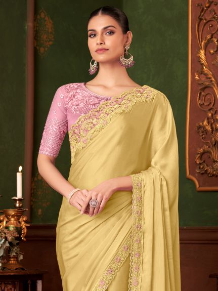 SAREE MALL Women's Chiffon Yellow Embellished Designer Saree With Blouse Piece