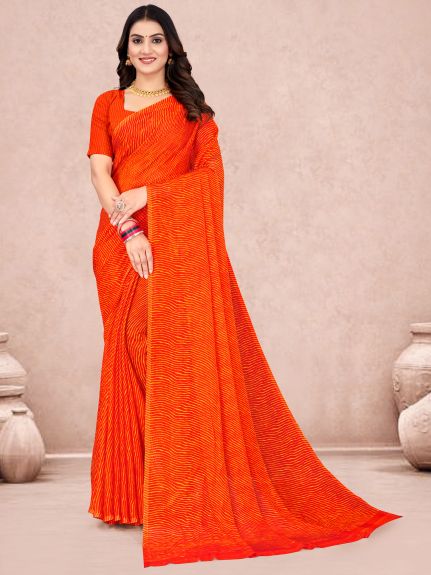 SAREE MALL Women's Chiffon Orange Printed Designer Saree With Blouse Piece