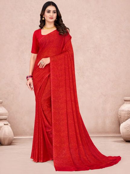 SAREE MALL Women's Chiffon Red Printed Designer Saree With Blouse Piece