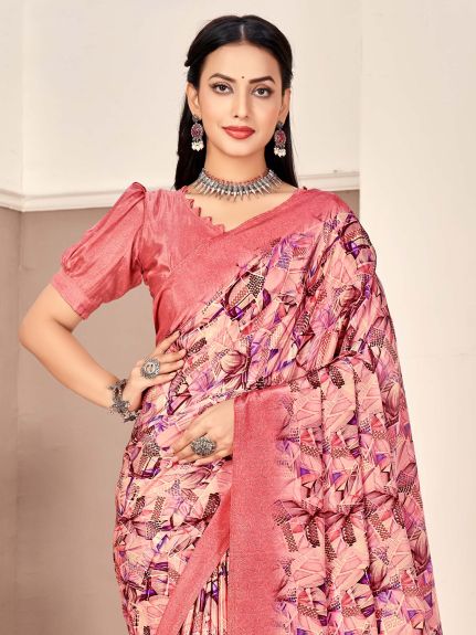 SAREE MALL Women's Crepe Pink Printed Designer Saree With Blouse Piece