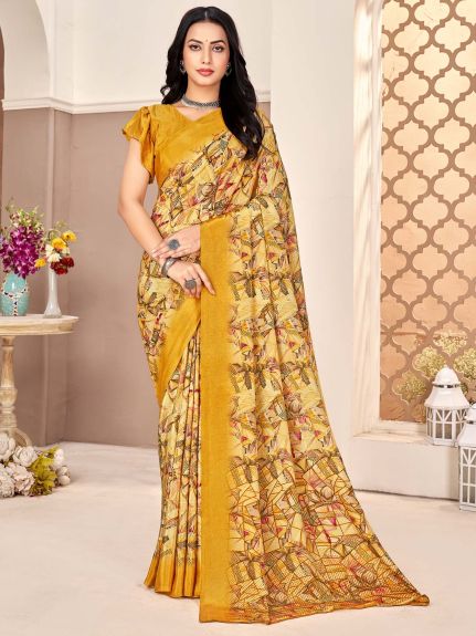 SAREE MALL Women's Crepe Beige Printed Designer Saree With Blouse Piece