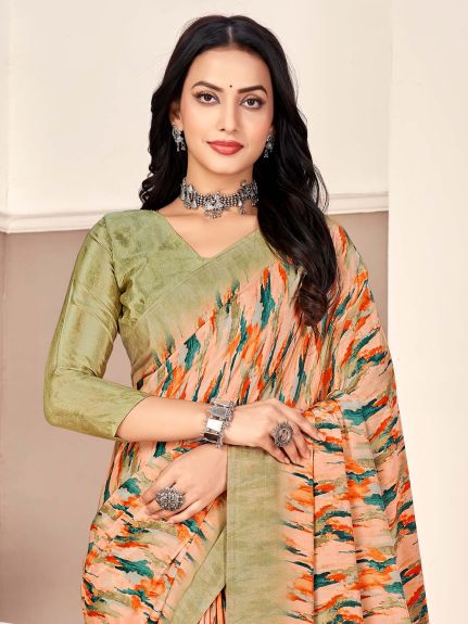 SAREE MALL Women's Crepe Peach Printed Designer Saree With Blouse Piece
