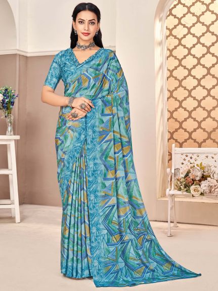 SAREE MALL Women's Crepe Blue Printed Designer Saree With Blouse Piece