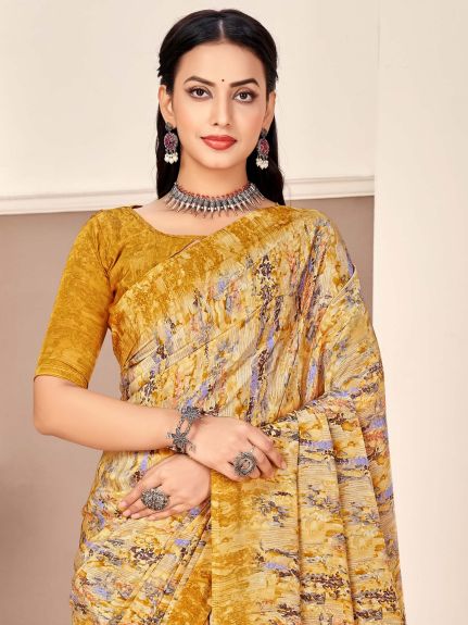 SAREE MALL Women's Crepe Beige Printed Designer Saree With Blouse Piece