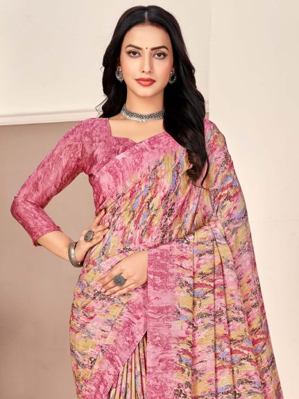 SAREE MALL Women's Crepe Pink Printed Designer Saree With Blouse Piece