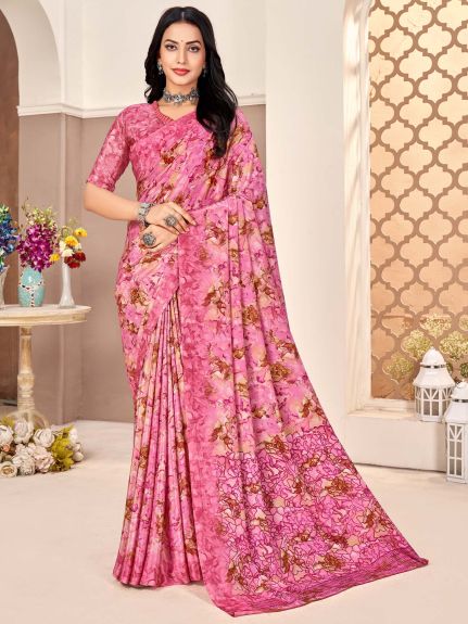 SAREE MALL Women's Crepe Pink Printed Designer Saree With Blouse Piece
