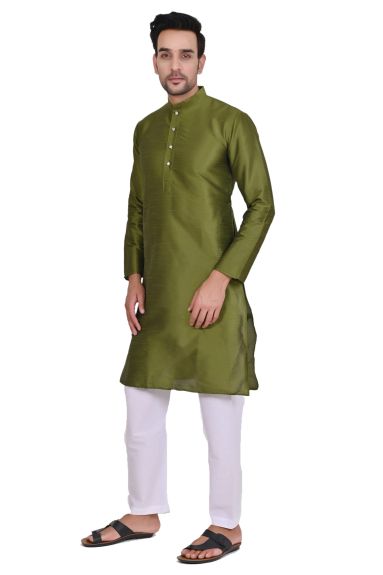 Men's Art Silk Long Sleeve Kurta with Cotton Pyjama - Red