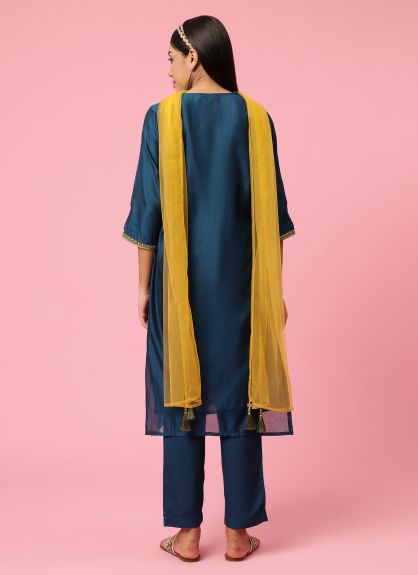 Shree Women Chanderi Teal Embroidered Kurta Trouser Dupatta