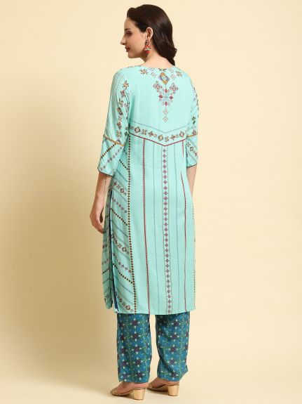Shree Women Liva (Rayon) Blue Geometric Print Kurta With Comfort Pant