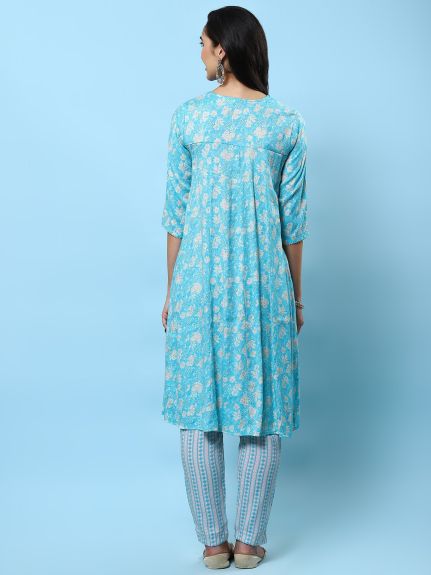 Shree Women Liva (Rayon) Blue Floral Print Kurta With Trouser
