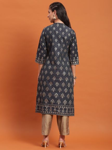 Shree Women Poly Viscose Navy Blue Floral Print Kurta