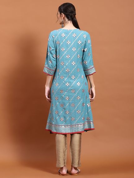 Shree Women Liva (Rayon) Teal Floral Print Kurta