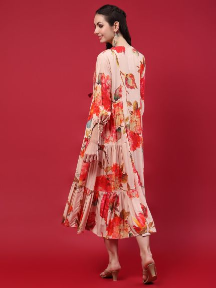 Shree Women Liva (Rayon) Peach Floral Print Dress