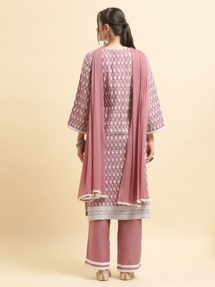 Shree Women Liva (Rayon) Lilac Embroidered Kurta Comfort Pant Dupatta